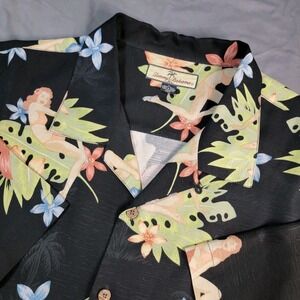 Tommy Bahama Hawaiian Shirt Men's XL Black All Over Print Hula Girl Silk Aloha